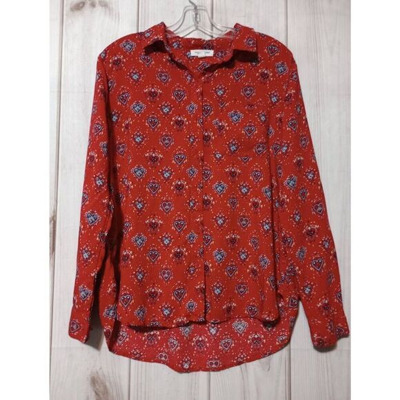 BeachLunchLounge Shirt Ladies Large Red Button Front Long Sleeve Heart - Picture 1 of 8